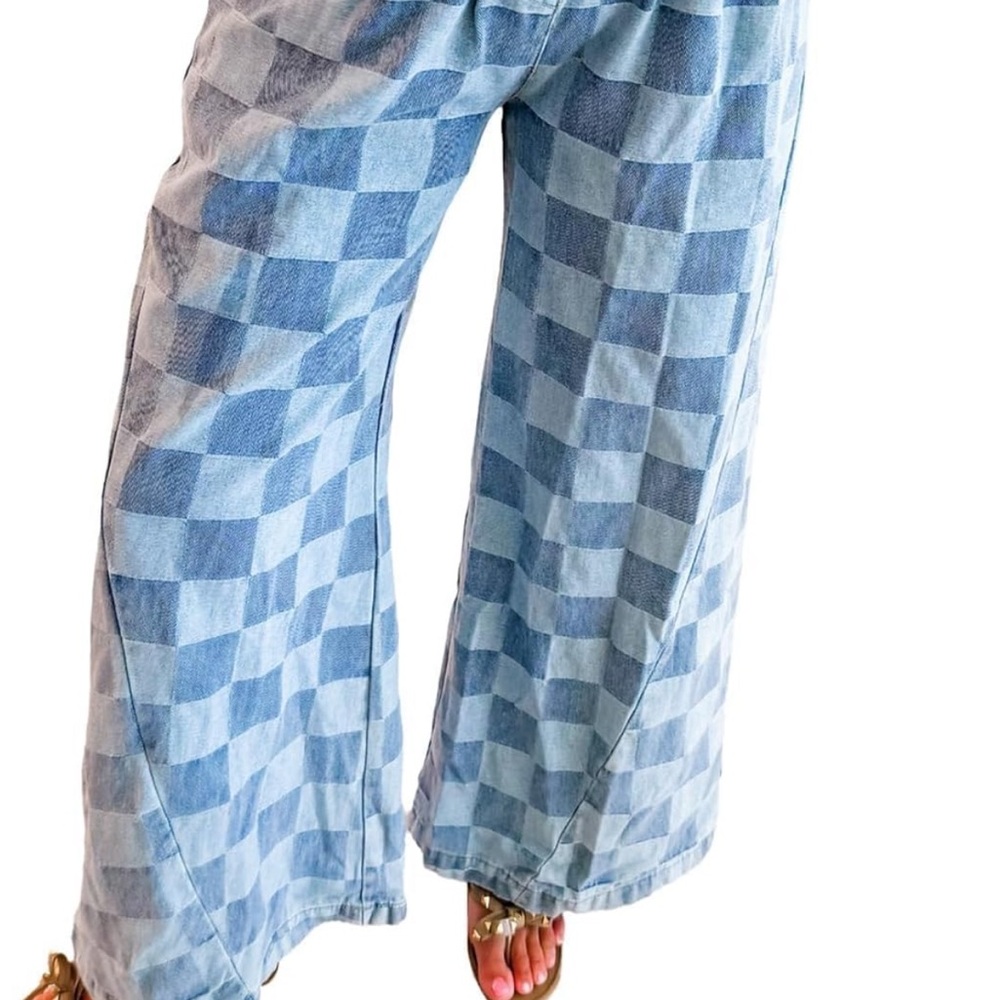 Checkered Blue Wide-Leg Jeans